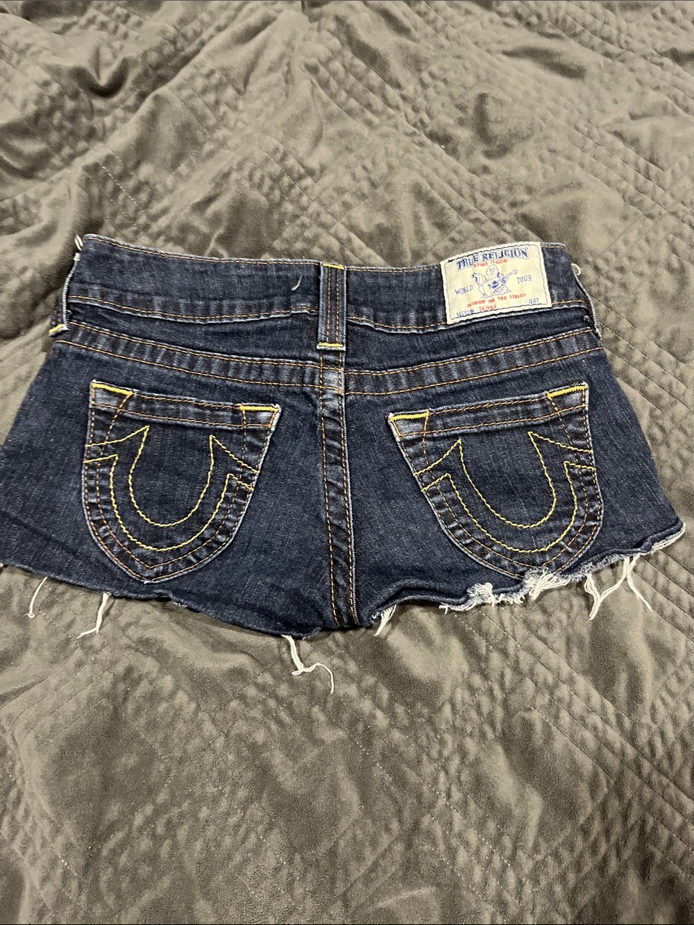 True Religion Extra Short Dark Blue Denim Frayed Hem Cutoff Shorts